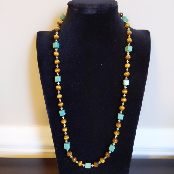 Cat's Eye/Turquoise and Gold Tone Beaded Necklace 25 in - Picture 3 of 6